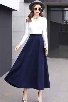 Classical flared skirt for women j001 – xiaolizi Long Blue Skirts, Ankara Skirts, Decades Fashion, Fashion Evolution, Through The Decades, Long Skirt Outfits, Winter Skirt Outfit, Body Measurement, Skirt Patterns Sewing