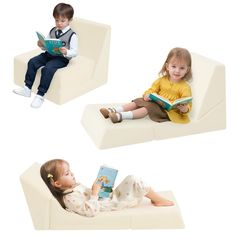 three children are sitting on the couches and reading books