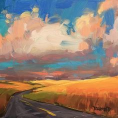 an oil painting of a road in the middle of nowhere with blue sky and clouds