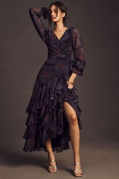 Hutch Kya Long-Sleeve V-Neck Printed Tiered Wrap Maxi Dress Dark Feminine Style, Summer Wedding Guest Dress, Feminine Essence, Designer Maxi Dress, Summer Wedding Guest, Fall Wedding Guest, Purple Midi Dress, Fall Wedding Guest Dress, Wrap Maxi Dress