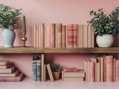 there are many books on the shelves with plants in vases next to each other