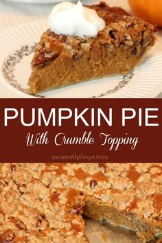 pumpkin pie with crumble topping on a plate