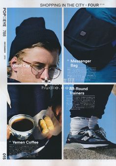 an advertisement for a coffee shop with images of people eating and drinking hot dogs, wearing beanies