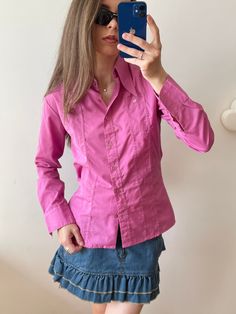 "Vintage y2k classic long-sleeve blouse/shirt in pink, button-down closure, fitted/bodycorn shape & straight, gender neutral, made of 100% cotton, fits XS-M, perfect condition  Measurements:  Shoulders 40 cm / 15.7\" Sleeve 58 cm / 22.8\" Length 67 cm / 26.4\" Bust from armpit to armpit 47 cm / 18.5\"" Fitted Long Sleeve Cotton Shirt, Spring Long Sleeve Slim Fit Blouse, Spring Slim Fit Long Sleeve Blouse, Cotton Long Sleeve Slim Fit Blouse, Slim Fit Long Sleeve Blouse For Spring, Spring Long Sleeve Shirt With Button Closure, Pink Fitted Shirt For Fall, Y2k Long Sleeve Fitted Blouse, Fitted Long Sleeve Y2k Blouse