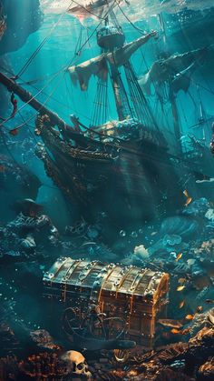 an underwater scene with a pirate ship in the water and other debris on the ground