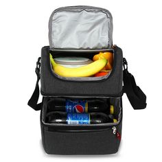 an open lunch bag filled with food and drinks