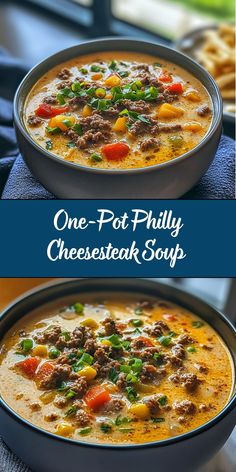 This One-Pot Philly Cheesesteak Soup combines all the savory, cheesy flavors of a classic Philly cheesesteak sandwich in a creamy, hearty soup. Packed with tender beef, sautéed peppers, onions, and melted provolone, it’s a comforting dish perfect for any time of year. Philly Cheesesteak Soup Recipe, Philly Cheese Steak Soup, Cheese Steak Soup, Philly Cheesesteak Soup, Steak Soup Recipes, Cheesesteak Soup, Steak Soup, Cheesesteak Sandwich, Philly Steak