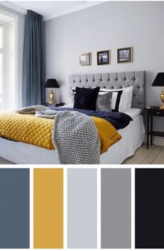 a bedroom with yellow and gray colors