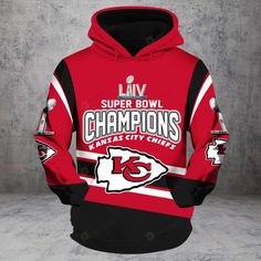 a red and black hoodie with the kansas chiefs super bowl champs logo on it