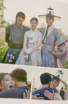 three pictures of people dressed in traditional japanese clothing and hats, one is hugging the other