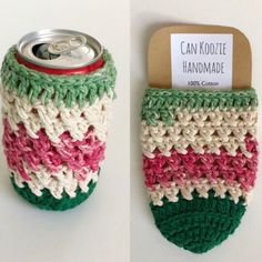 a can holder made out of crocheted yarn with a label on the side