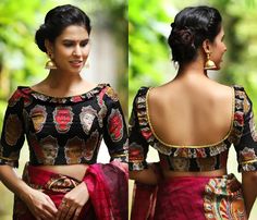 black blouse designs ब्लाउज बैक नेक डिजाइन, Kalamkari Blouse Designs, Black Blouse Designs, Black Blouses, Kalamkari Blouse, Blouse Designs High Neck, Boat Neck Blouse Design, Cotton Blouse Design, Backless Blouse Designs