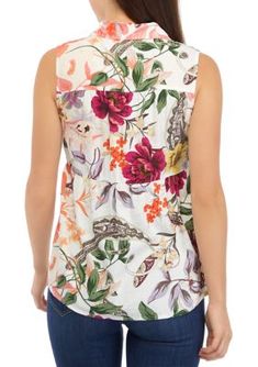 Elegant florals grace this tiered button-down top from Cupio making it a sophisticated pick for any occasion. | Cupio Women's Linen Sleeveless Tiered Button Down Top, Small Sleeveless Cotton Top For Garden Party, Sleeveless Floral Print Top For Garden Party, Sleeveless Floral Tops For Garden Party, Sleeveless Tops For Summer Garden Party, Spring Sleeveless Button Blouse, Multicolor Sleeveless Top With Buttons, Floral Applique Short Sleeve Top In Relaxed Fit, Spring Button-up Shirt With Hibiscus Print, Stretch Button-up Tops With Snap Buttons