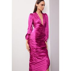 Pink satin (75% Viscose, 25% Rayon). A-line. Long sleeves. V-neck. Back zipper closure. 49" from shoulder to hemline. Imported. Ruched Skirt, Rent The Runway, Closet Designs, 70s Inspired, Twist Front, Pink Satin, Cocktail Dress, A Line, Twist