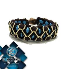 an image of a bracelet with blue and brown beads on it's side, next to the logo for eikoon