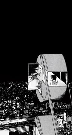 a black and white photo of a person in a chair on top of a building