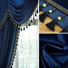 blue curtains with tassels and gold trimmings on them are shown in three different