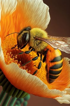 two bees sitting on top of an orange flower