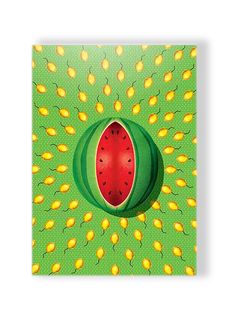 a watermelon slice on a green background surrounded by lemons