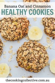 banana oat and cinnamon healthy cookies on a white surface with text that reads, the cooking collective