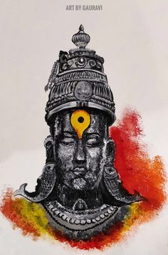 an artistic drawing of a buddha head on white paper with red, yellow and orange colors