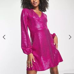 Wrap Front Long Sleeves Tie Waist Regular Fit Uk 14, Fits Like A Us 6-8 Pink Sequined Mini Dress For Fall, Glamorous Pink Mini Dress For Fall, Sequin Collar, Tall Dresses, Long Sleeve Wrap Dress, Legally Blonde, Asos Dress, Sequin Mini, Pink Mini Dresses