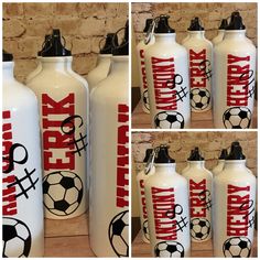 four different views of the same water bottle with soccer balls painted on it, and in red