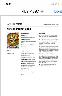 the african peanut soup recipe is displayed on an iphone