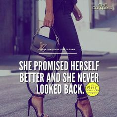 a woman walking down the street with her handbag on her shoulder and quote about she is