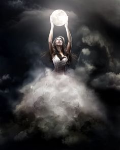 a woman is floating in the clouds with a light on her head and arms above her head