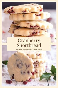 cranberry shortbread cookies stacked on top of each other with the title above it