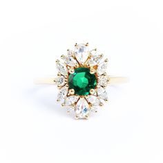 🐣. Offer Xtras! Round Emerald & Diamonds, Pear Moonstones Ring, Art deco Ring, Green Gemstone Promise Ring, May Birthstone, 14K/18K Solid Gold - Odisea for $2139.50 #ClusterDiamondRing #ArtDecoEngagement #RoundEmeraldRing #AnniversaryGift #PromiseGiftForHer #emerald #MoonstoneRing #FlowerBridalRing #UniqueEngagement #ArtDecoRing Oval Diamond Engagement, Unique Diamond Engagement Rings, Moonstone Engagement, Moonstone Engagement Ring, Art Deco Engagement, Ring Art Deco, Emerald Engagement, Deco Ring, Unique Diamonds