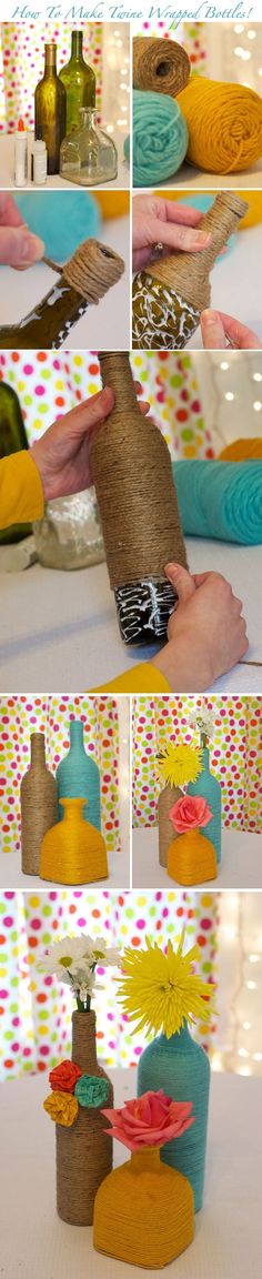 the process of making vases out of toilet paper and yarn is shown in multiple pictures