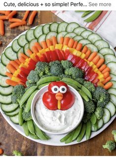 a plate topped with vegetables and a turkey face made out of veggie sticks