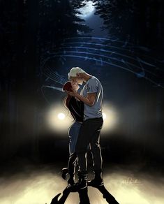 two people standing next to each other in front of a night sky with musical notes