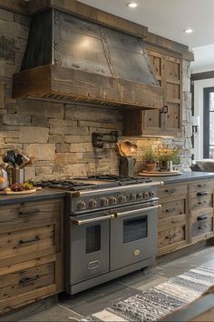 a stove top oven sitting inside of a kitchen next to wooden cabinets and counter tops