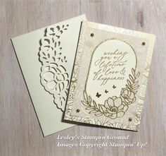 two handmade greeting cards, one with an ornate border and the other with laser - cut