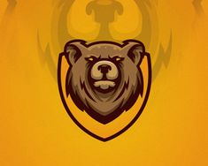 a bear's head is shown in the middle of a yellow background with an emblem on it