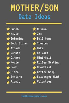 the mother / son date ideas list is shown in yellow and blue, with five stars on