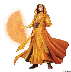 a drawing of a man dressed in an orange robe and holding a yellow umbrella with the sun behind him