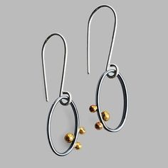 oval oxidized silver small silver hoops with three gold dots Patina Jewelry, Minimal Earrings, Gold Dots, Silver Jewelry Handmade, Dark Background, Small Earrings, Chain Earrings, Minimalist Earrings, Just For Fun