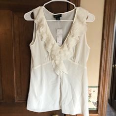 Never Worn Tags On Spense Off-White Sheer Blouse Elegant White Tank Blouse, White Feminine Tank Blouse, Feminine White Tank Blouse, White Ruffled Tank Blouse, Floral Long Tops, White Off Shoulder Top, Sheer White Blouse, Printed Sleeveless Blouse, Cold Shoulder Long Sleeve