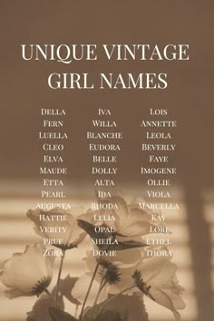 the cover of unique vintage girl names, with white flowers in a vase on a table