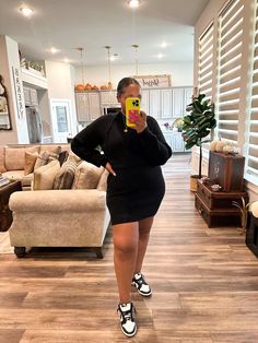 Urban Cool: 8 High Top Sneakers Outfit Inspirations - Magic of Clothes Sweater Dress Outfit With Sneakers, Sweater Dress With Sneakers, Black Sweater Dress Outfit, Sweaters Nike, Dress And Sneakers Outfit, Nike Sneakers Outfit