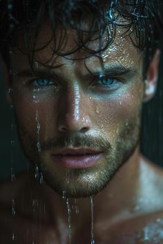 a man with wet hair and blue eyes standing in the rain