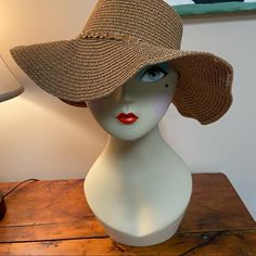 Leather Trim Band Natural Color One Size New With Tag Adjustable Retro Straw Hat For Vacation, Retro Adjustable Straw Hat For Vacation, Trendy Hats For Beach Season, Trendy One Size Hats For Beach Season, Trendy Lightweight One Size Hats, Trendy One Size Sun Hat For Beach Season, Chic Lightweight Sun Hat, One Size Fits Most, Lightweight Chic Sun Hat One Size Fits Most, Lightweight Adjustable Bucket Hat