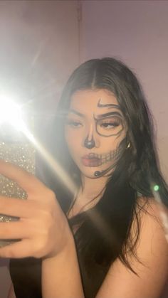 #skullmakeup #skull Skeleton Makeup Easy Half Face, Skeleton Makeup And Costume, Halloween Mekaup Ideas, Skull Makeup And Outfit, Skull Makeup For Halloween, Skeleton Women Makeup, Half Rhinestone Skull Makeup, Chicana Skull Makeup, Skull Halloween Costume Outfits