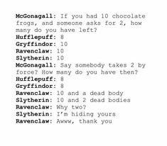 the text is written in black and white on a piece of paper that says, if you had 10 chocolate frogs, and someone asks for 2 how many do you have left?