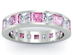 a pink and white ring with princess cut diamonds