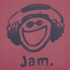 a pink shirt with a smiling face and headphones on it's ears, says jam